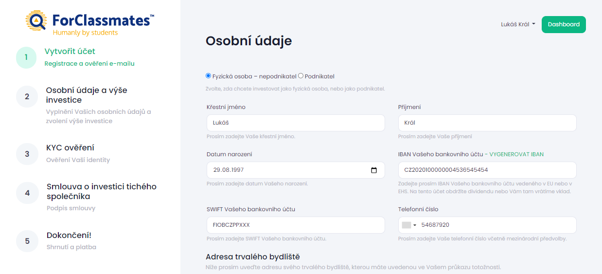 Platforma pro investory - náhled investorského rozhraní